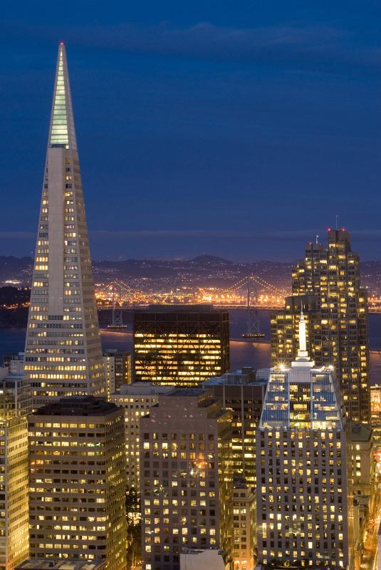 High angle view of the illuminated buildings and the Transamerica Pyramid of the CBD in San Francisco at night